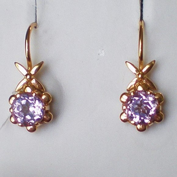 Vintage Russian Russia USSR 14K 583 Rose Pink Gold Amethyst Dangle EARRINGS - Picture 3 of 3